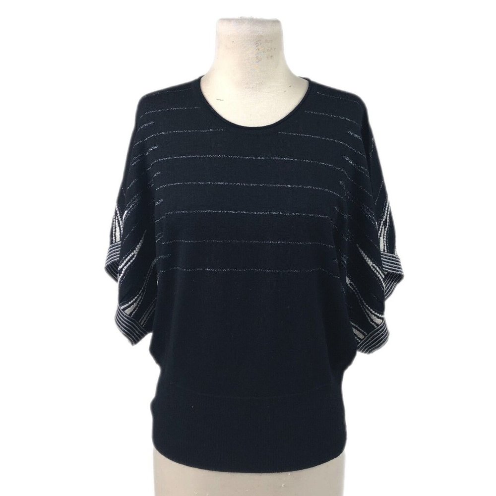 Gil Bret Black Knit Wool Batwing Pullover Top, Silver & White Stripes, Size 10